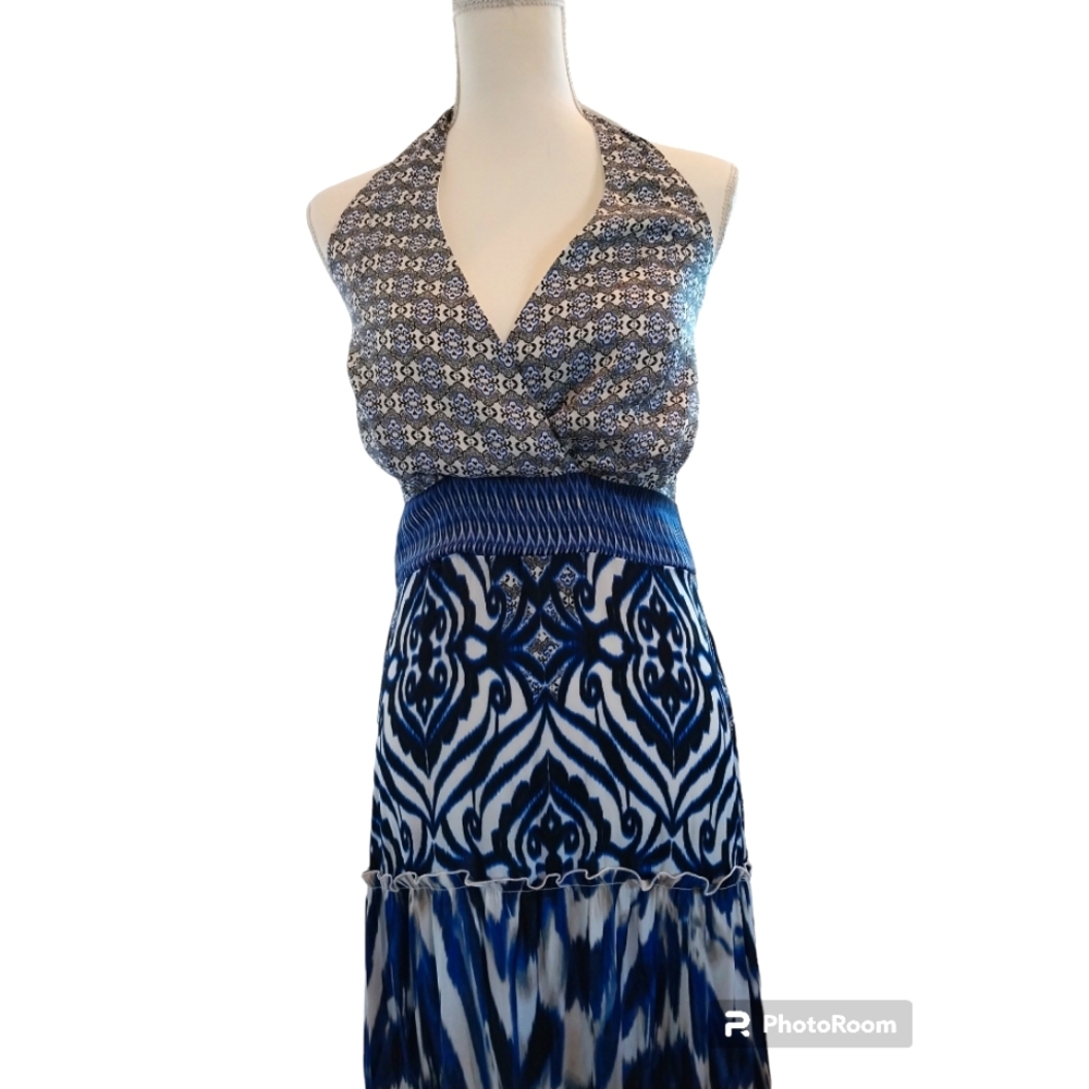 Eva Mendes halter tiered maxi dress